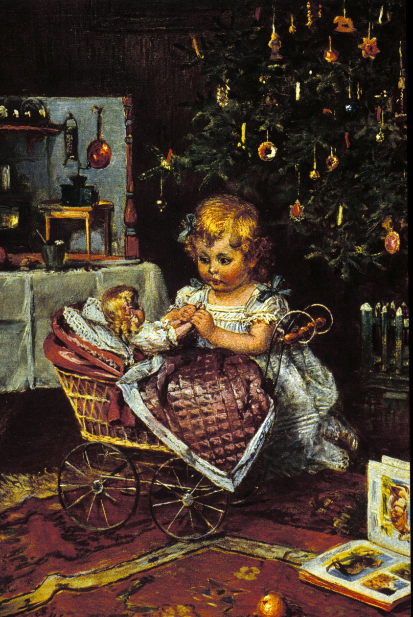 Holčička objeví pod vánočním stromečkem panenku a kočárek. 19. století od Unknown artist