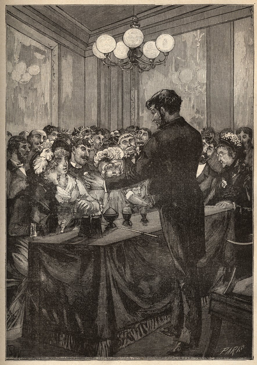 Kouzelník pomocí krabice s muškátovým oříškem, aby se objevila a zmizela koule. Rytina z roku 1885 v „“Les arts et metiers illustres““ od Adolphe BITARDA. od Unknown artist