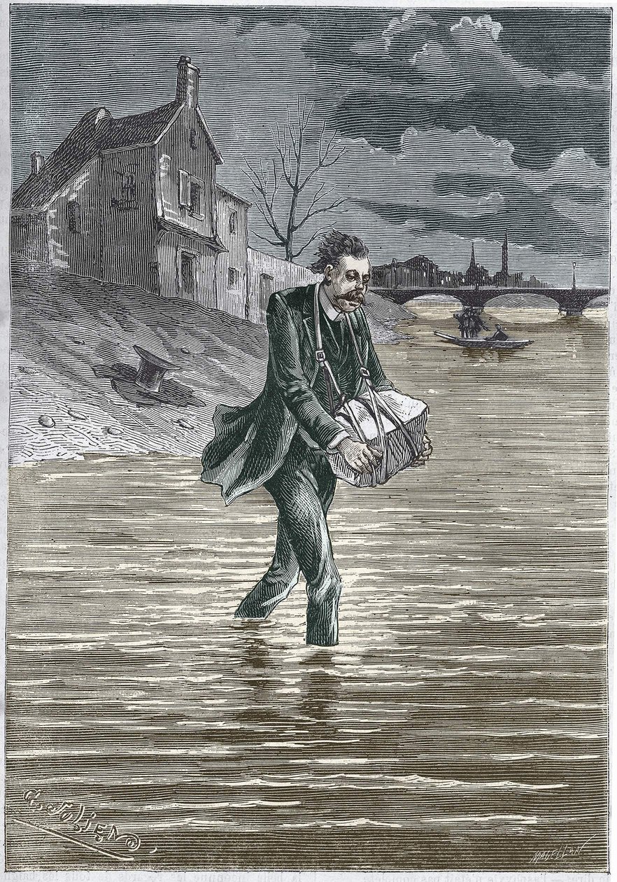 Muž, který se zabije tím, že se hodí do vody, kámen kolem krku, aby se utopil - rytina od Unknown artist