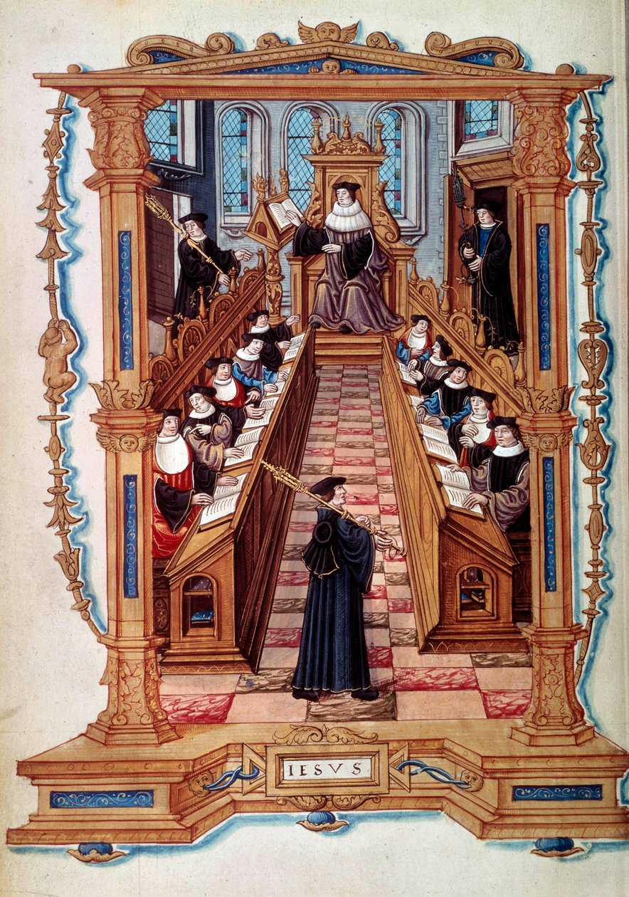 Mistrovský dvůr v místnosti univerzity Sorbonna v Paříži ve středověku. Z miniatury. 16. století od Unknown artist