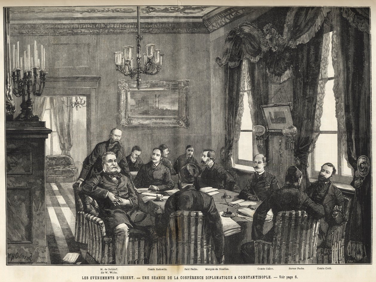 Zasedání Evropské konference Konstantinopole Srbsko-Bulharská válka, Turecko - Srbsko-bulharská válka - Zasedání diplomatické konference v Konstantinopoli - 1885 - ve slavném vesmíru 1886 (Alexandr z Nalidova (Nelidoff) (1835-1910) - od Unknown artist