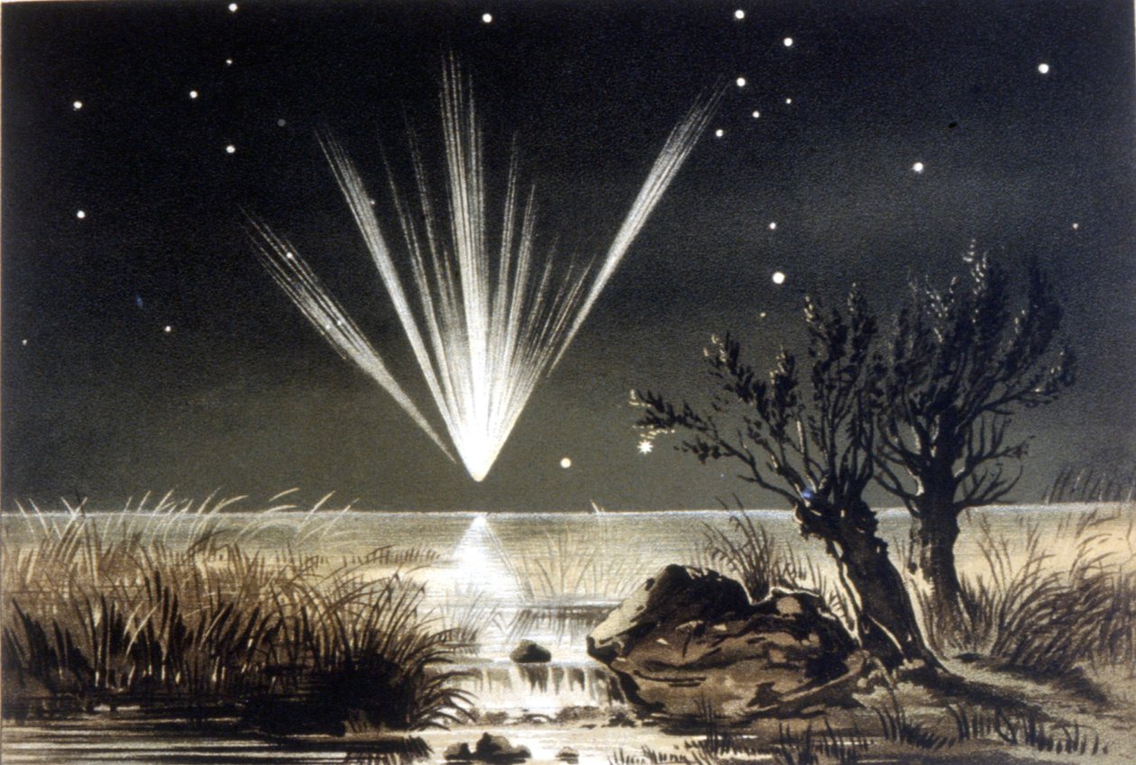 Meteorit padající do moře. Barevná litografie z konce 19. století od Unknown artist