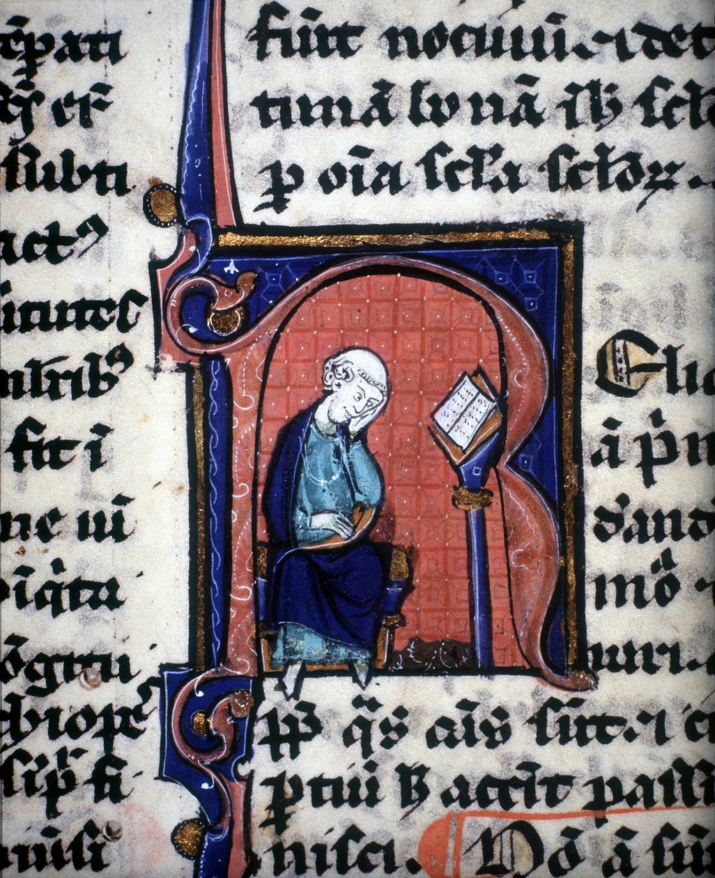 Miniaturní písmeno „R“ představující moudrého muže, převzato z rukopisu Aristotela od Unknown artist