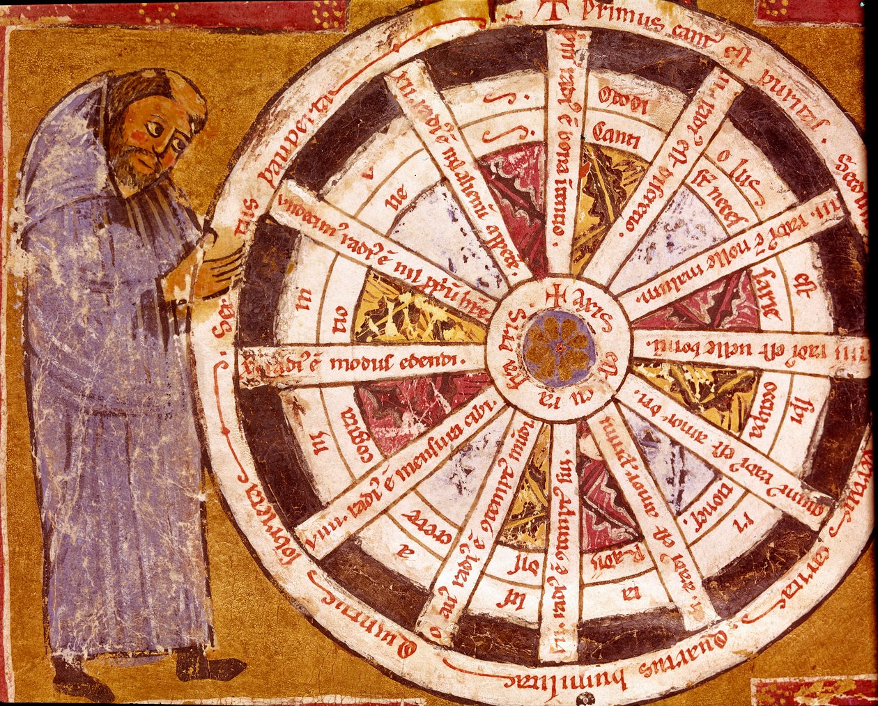 Mnich u kola náboženského života Miniatura z „Díla“ Huga de Sancto Victore (Hugh ze sv. Viktora) (asi 1096-1141) Biblioteca Governativa z 12. století, Cremona od Unknown artist