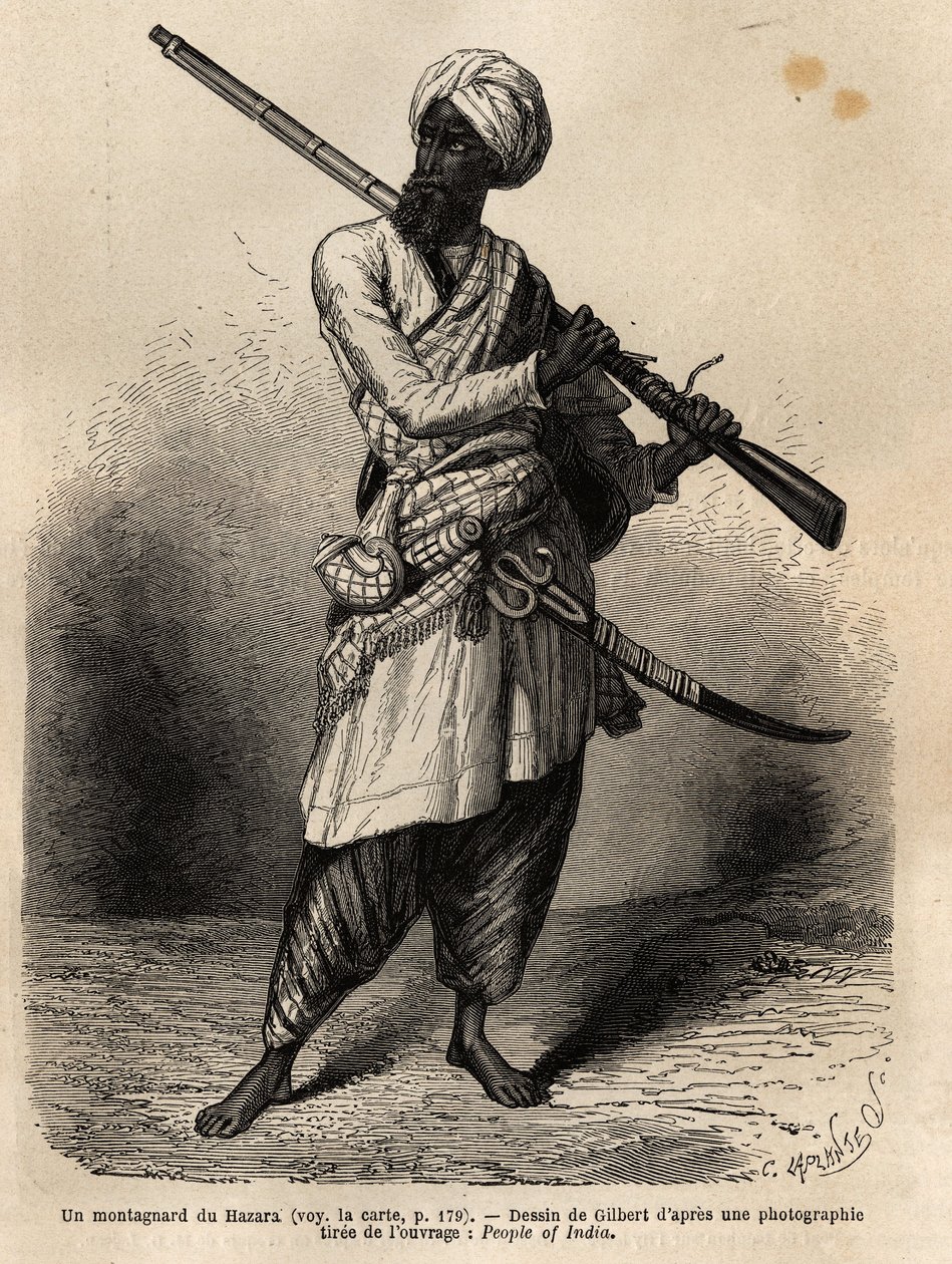 Horolezec z Hazara (Paňdžáb, Indie). Rytina k ilustraci plavby do Pandžábu a Kašmíru, příběh Guillauma Lejeana, v roce 1866, publikovaný v „Le tour du monde, nouveau journal des voyages“, pod vedením Edouarda Chartona od Unknown artist