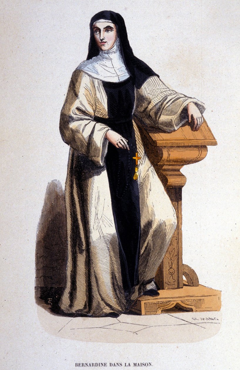 Jeptiška Bernardine, členka řádu svatého Benedikta reformovaného ve 12. století svatým Bernardem. Rytina 19. století. od Unknown artist