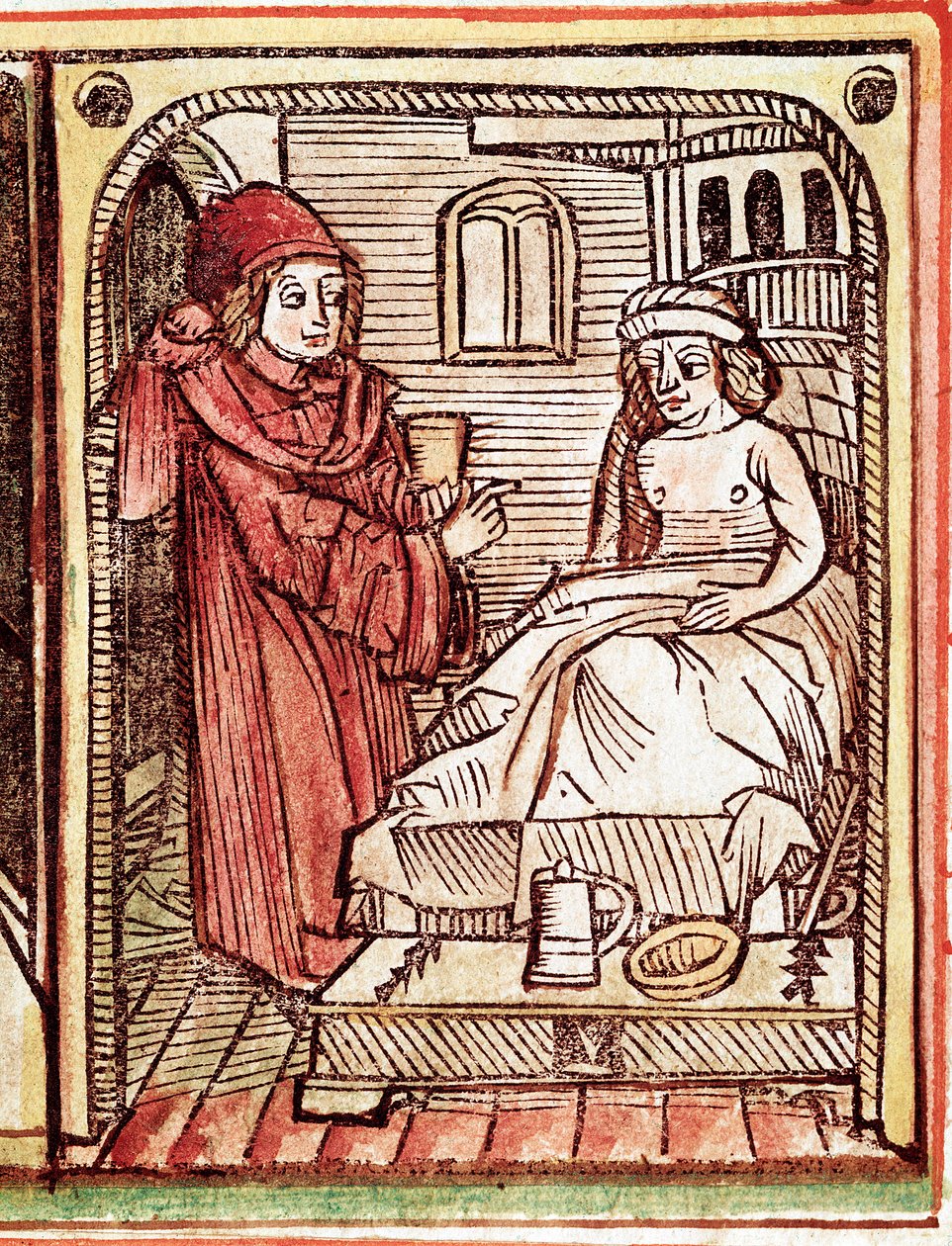 Lékař poskytuje pacientovi léčbu léčivými rostlinami Rytina z „Tractatus de pestilentia““ 15. století - Praha, Národní knihovna od Unknown artist