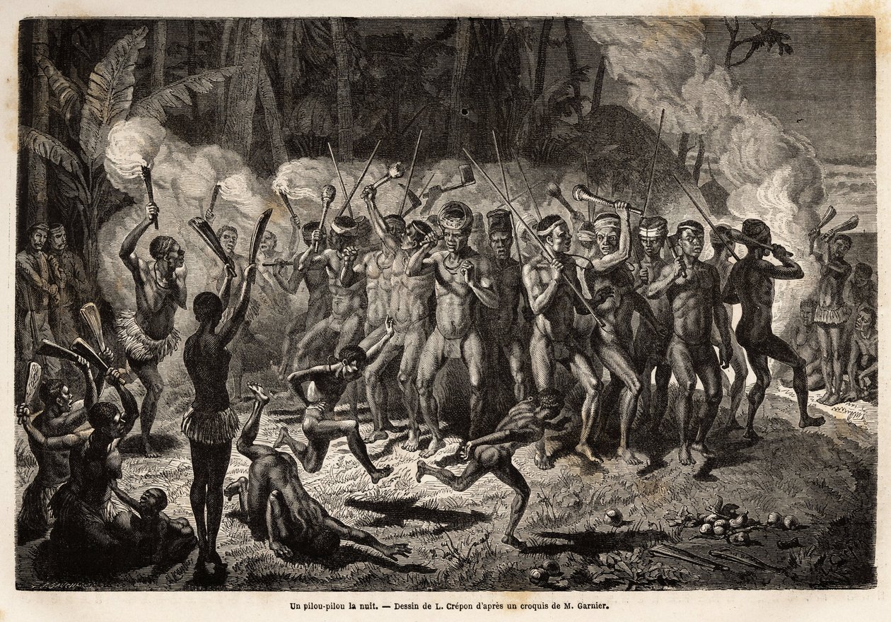 Pilou-pilou (neboli pilulka či pilulka) v noci, tradiční tanec kmenových obřadů kanak. Rytina pro ilustraci cesty do Nové Kaledonie od Julese Garniera, stavebního inženýra dolů, v letech 1863-1866, publikovaná v „Le tour du monde, nouveau jour od Unknown artist