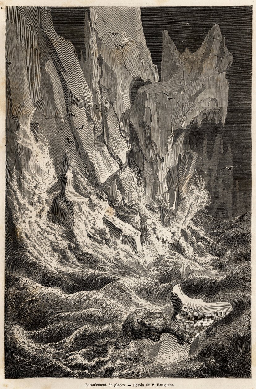 Lední medvěd pochází z ledovce, po zhroucení bloku ledu ze Spitzbergu, souostroví Severního ledového oceánu, kresba V. Foulquier, pro ilustraci Spitzbergu v letech 1838-1839, Charles Martins. Rytina v „“ Le tour du monde““, editoval od Unknown artist
