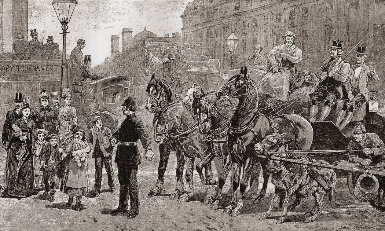 Policista zastavuje dopravu na rušném přechodu, aby umožnil chodcům přejít silnici, Londýn, Anglie. od Unknown artist