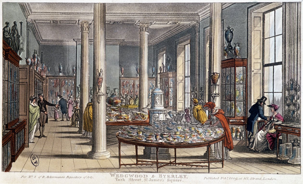 Porcelánový obchod v Londýně (Anglie) Wedgwood & Byerley - Litografie kolem roku 1800 od Unknown artist
