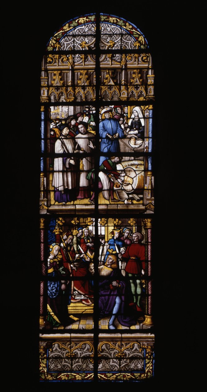 Poplatek za prodej vína byl a na pultu (nahoře). Za cenu zlata Fredegonde vyzbrojil otrávenou dýkou dva šekary Therouanne (nízké). Vitráže v Cathedrale de Tournai: Transept vpravo (4). od Unknown artist