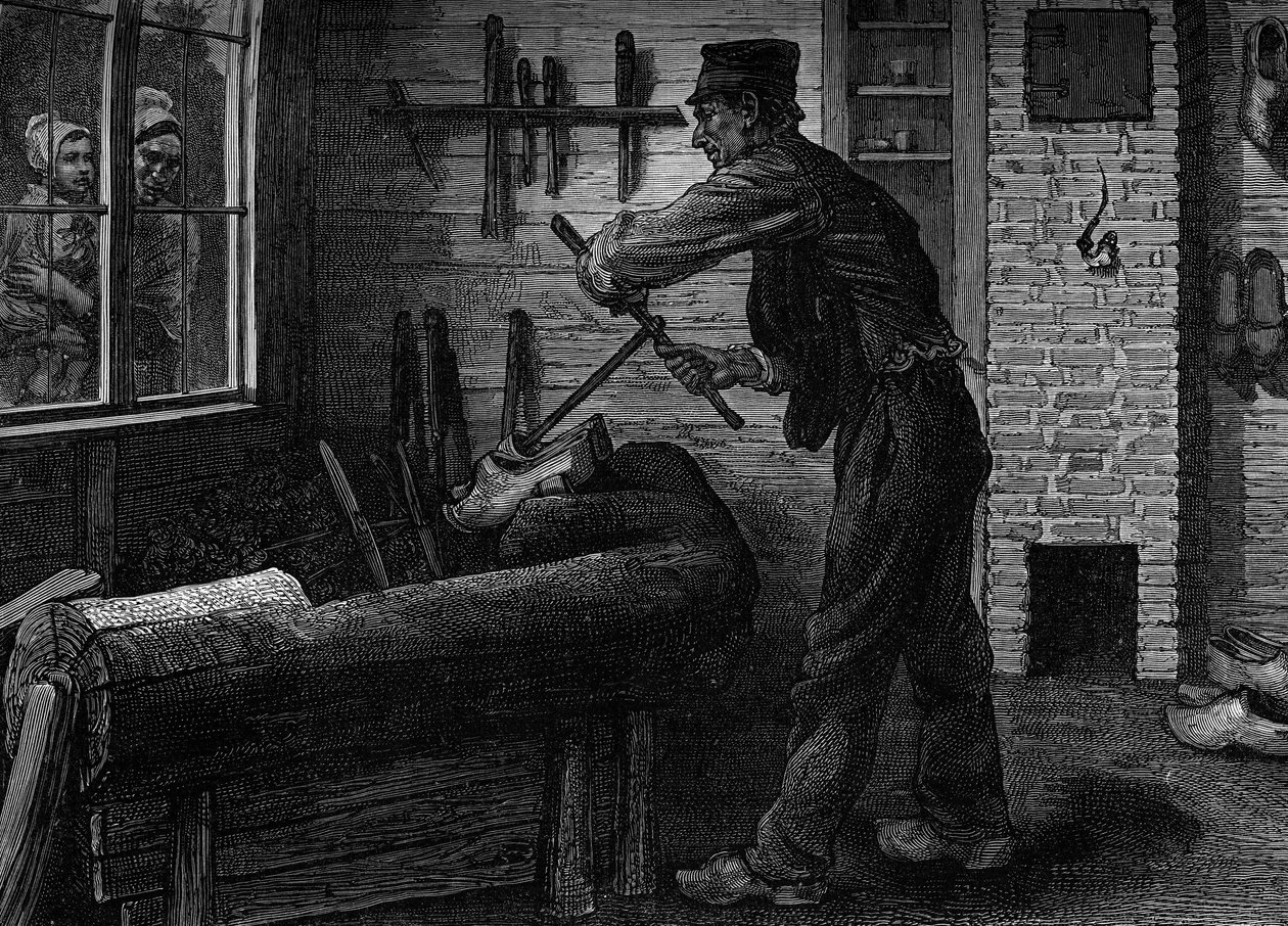 Sabotier při práci ve své dílně v Belgii, Rytina v časopise „“la jeunesse““ od Unknown artist