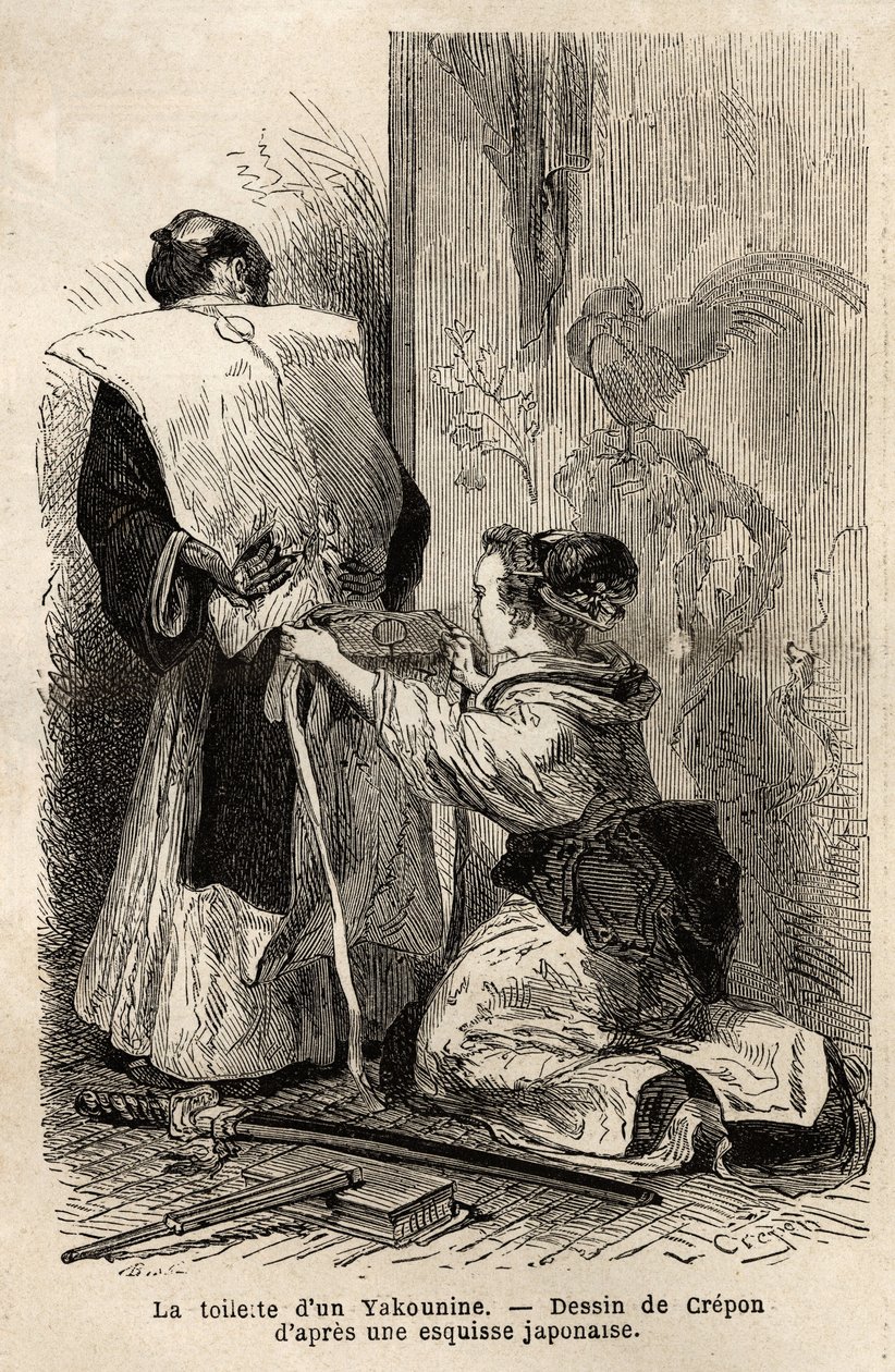 Záchod samuraje, mladá služebná jí pomáhá uvázat kimono. Rytina pro ilustraci plavby do Japonska v letech 1863-1864 od Aime Humberta, ministra Švýcarské konfederace, v „“Le tour du monde, nouveau journal des voyages““ vydaném pod vedením od Unknown artist