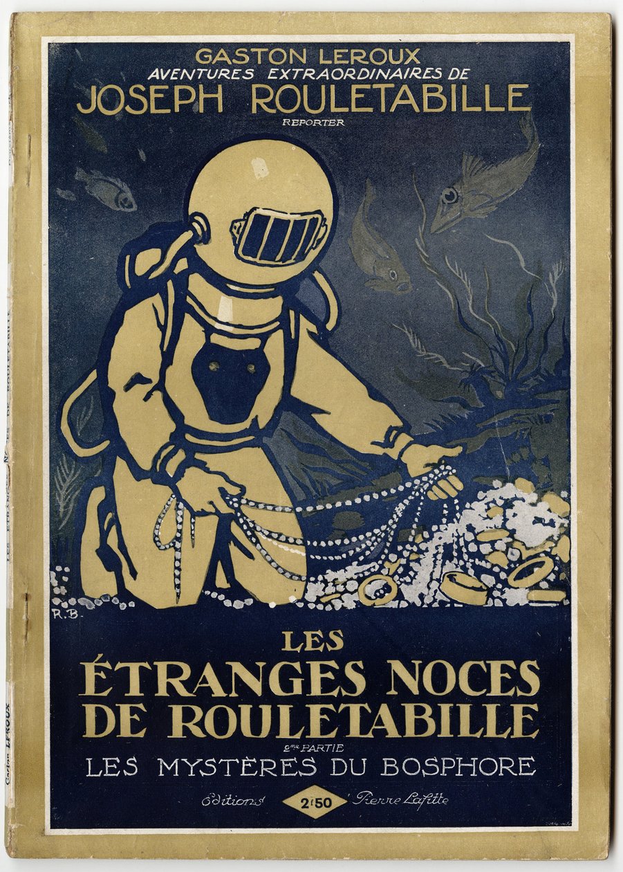 Scaphandrier objeví na dně moře tresor, ilustrace na obálce románu "Les etranges noces de Rouletabille, 2. díl: les mysteres du Bosphorus" od Gastona Lerouxe (1868-1927), edice Pierre Lafitte, Paříž. od Unknown Artist