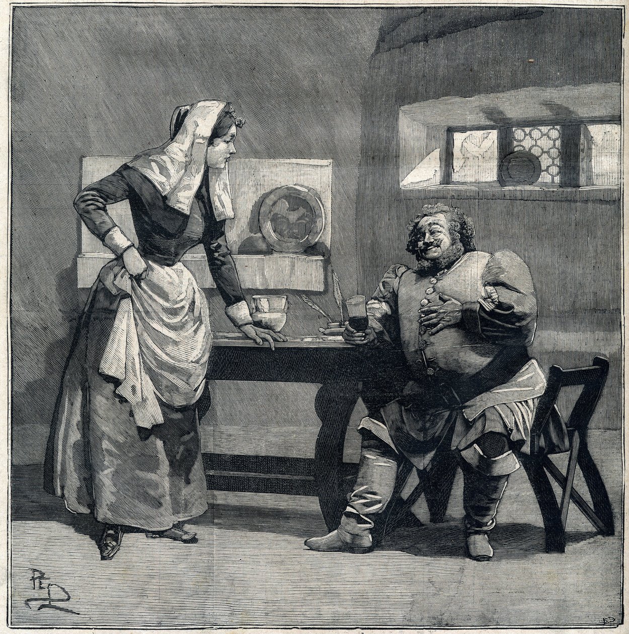 Scéna „Falstaffa“ z eponymu Opery od Giuseppe Verdiho byla vytvořena v roce 1893. Rytina „“Le Parisien““ od Unknown artist