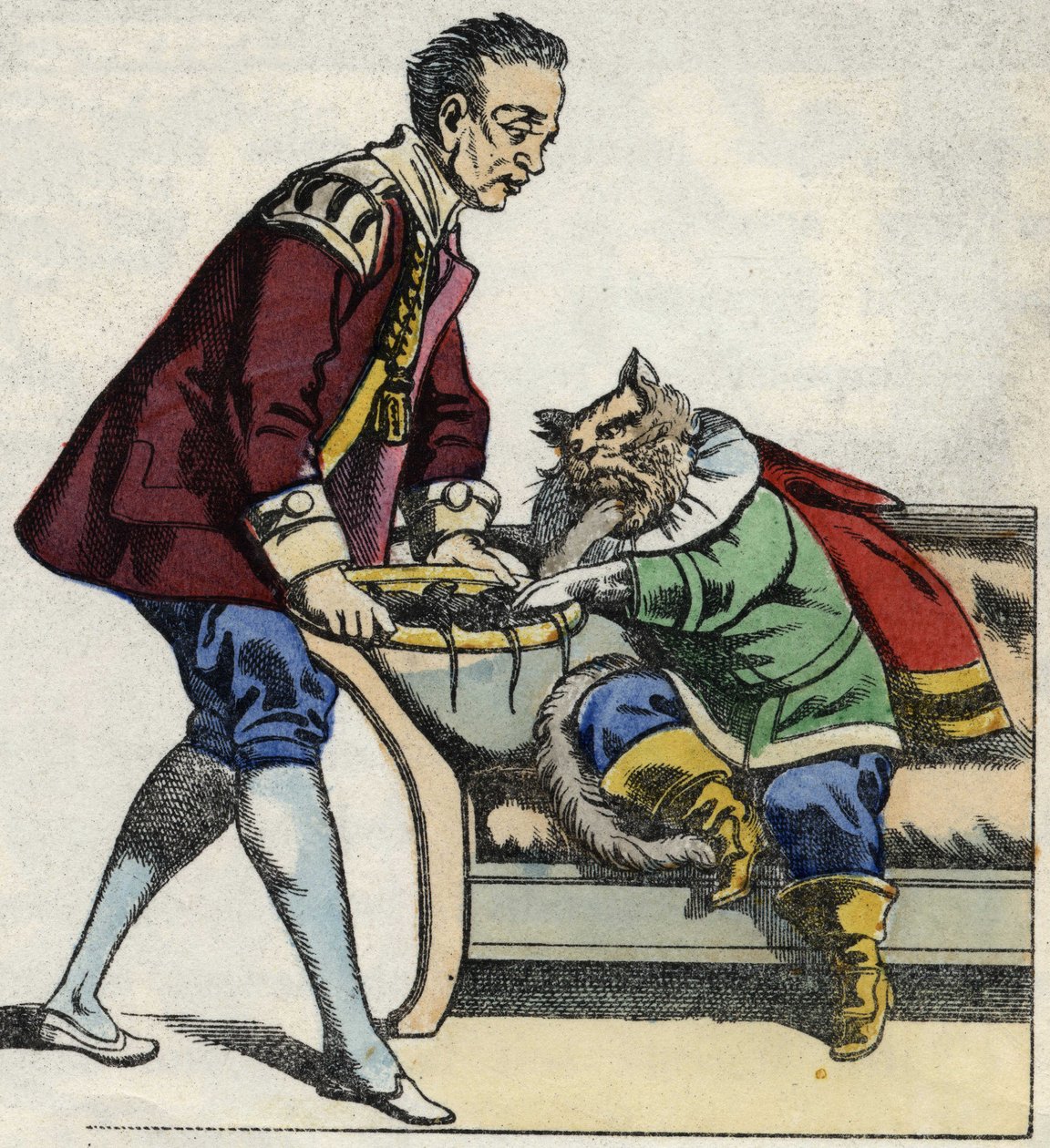 Sluha podává kočičím botám podnos pod myš. Ilustrace příběhu „The cat botte“ od Charlese Perraulta od Unknown artist