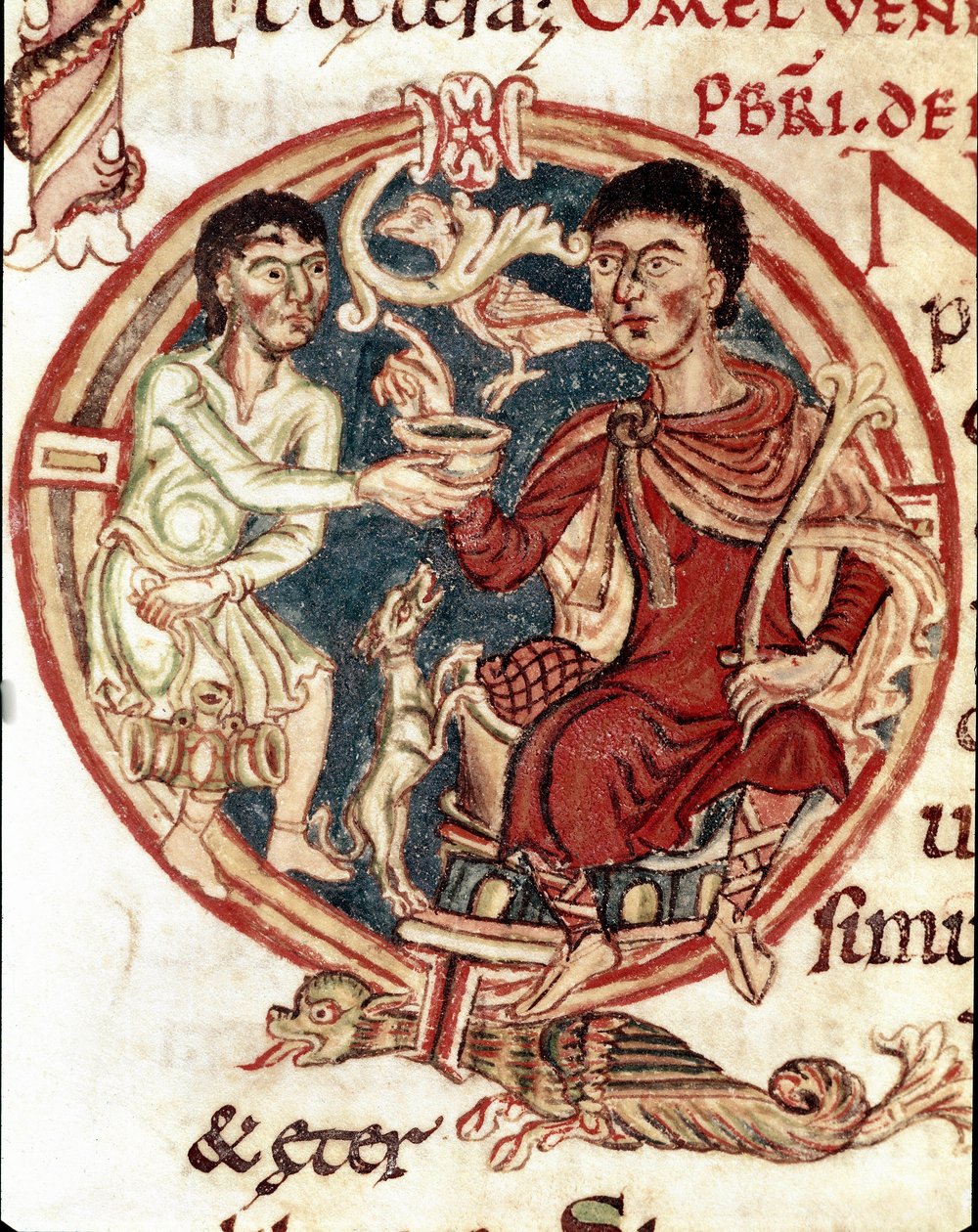 Sluha sloužící k pití pánovi Miniatura z „Lectionaire de la Cathedrale de Reims““, Remeš z 11. století, městská knihovna od Unknown artist