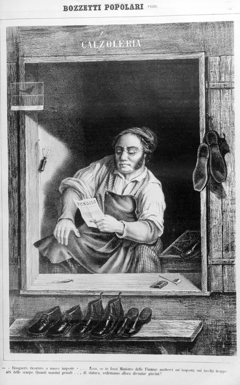 Švec v 19. století: Kdybychom příliš vysoko zdanili podpatky, kolik vysokých mužů by se stalo malými... od Unknown artist