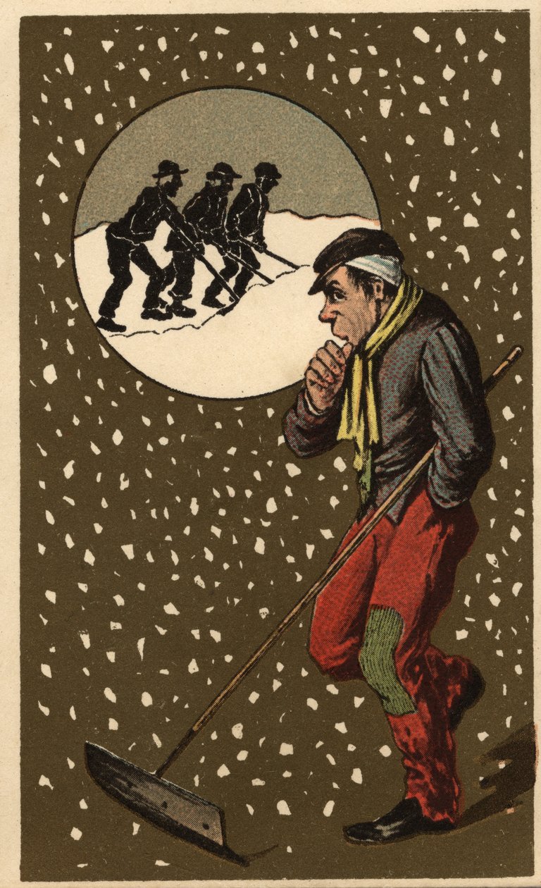 Sběrač sněhu s lopatou. Anonymní chromolitografie, konec 19. století. od Unknown artist
