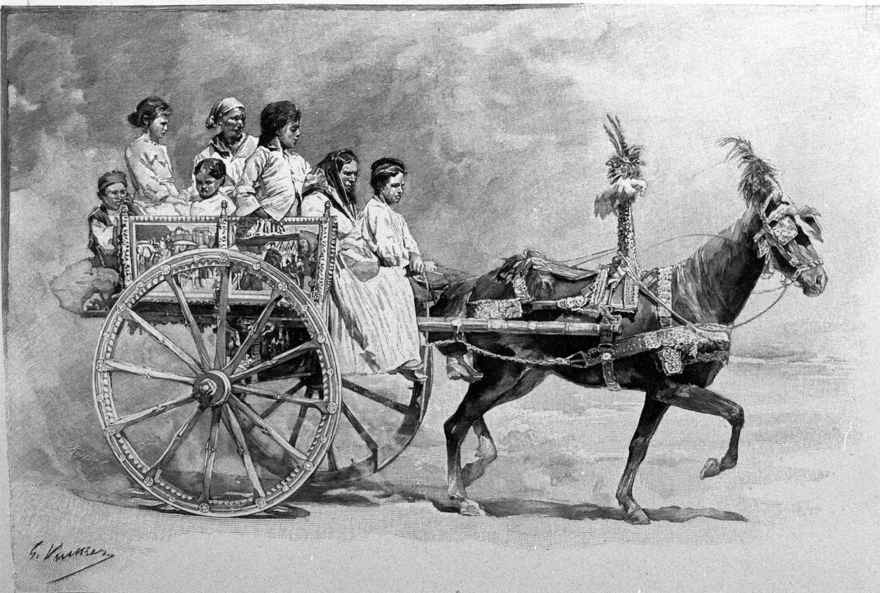 Tradiční sicilský vozík. 19. století rytina od Unknown artist