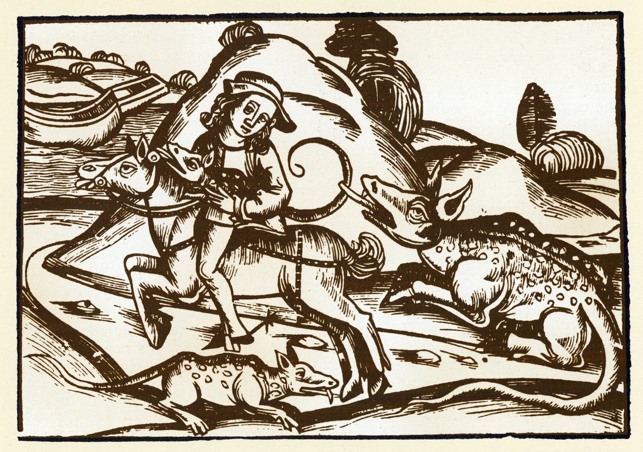 Cestovatel potká dva monstrózní tygry s pohledem na baziliku. Esopské báje (rytina, konec 15. století) od Unknown artist