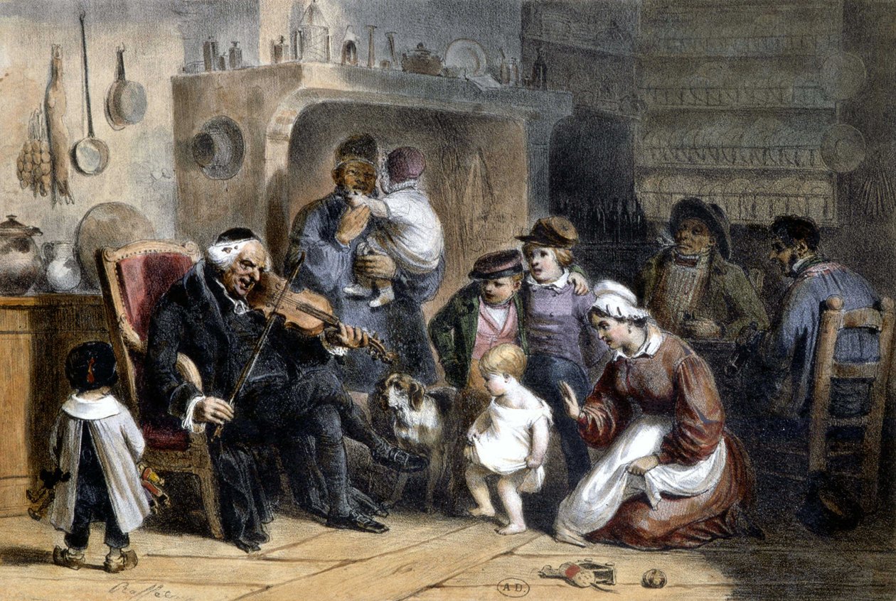 Bdění: rodina se shromáždila kolem kněze hrajícího na housle. 19. století. od Unknown artist