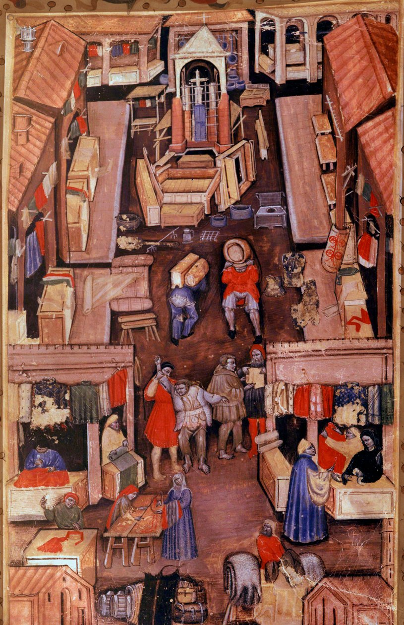 Procházka: soukeníci, krejčí, obchodníci s oděvy ve francouzském městě. Nahoře stavba miniaturního kostela z rukopisu z 15. století Paris, B.N. od Unknown artist