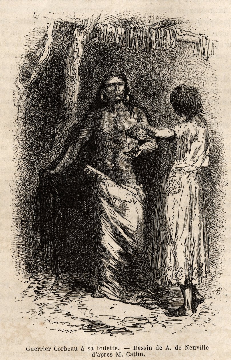 Válečník indiánského kmene Crow (vrány), žijící podél řeky Lewis, dělá svou toaletu. Rytina pro ilustraci exkurze mezi indiánskými kmeny povodí Kolumbie a Horní Missouri, od G. Catlina, v roce 1855, publikovaná v „“le tour du monde““ od Unknown artist