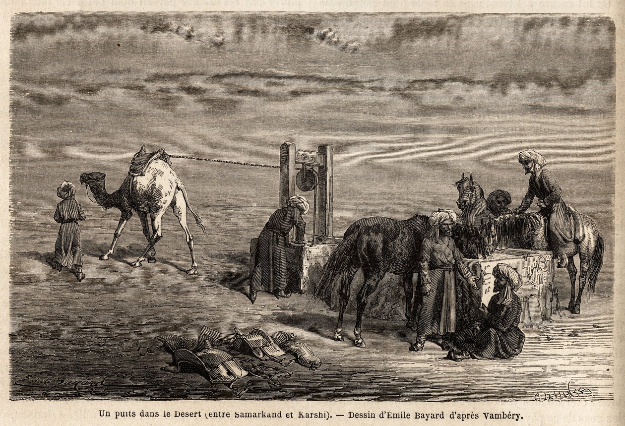 Studna v poušti mezi Samarkandem a Karshi (města dnešního Uzbekistánu). Kresba Emila Bayarda (1837-1891) pro ilustraci cesty do Střední Asie v roce 1863 od Arminia Vamberyho (maďarského vědce v přestrojení za derviše). Gravírování v „“ L od Unknown artist