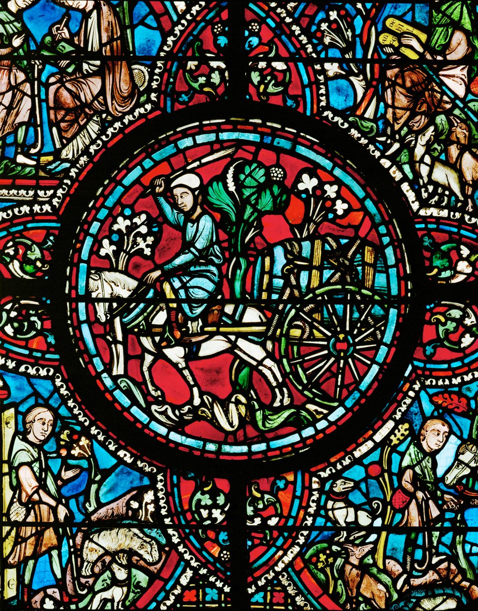 Vinař převáží sud s vínem, přivázaný k vozu silným provazem (vitráž) od Unknown Artist