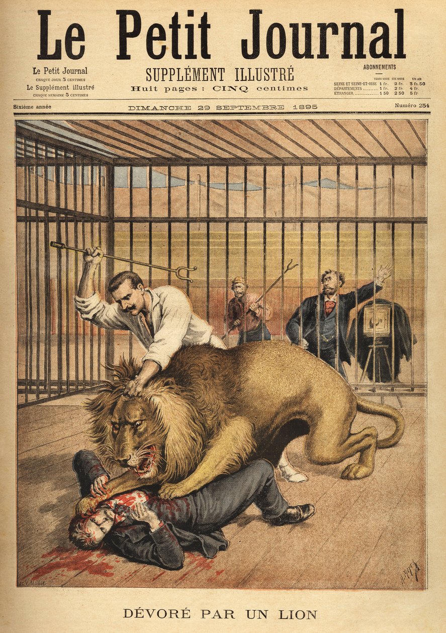 Mladý muž, který se chce nechat vyfotografovat v kleci lva, je přes snahu krotitele lva pohltit. Rytina v „“ Le petit journal““ 29. 9. 1895. Selva sbírka. od Unknown artist