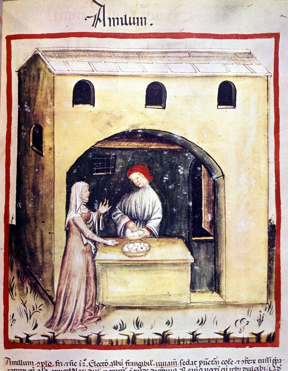 Mladá žena kupuje vejce od obchodníka. Osvětlení z dojení medicíny a dietetiky „“Tacuinum sanitatis““ od Unknown artist