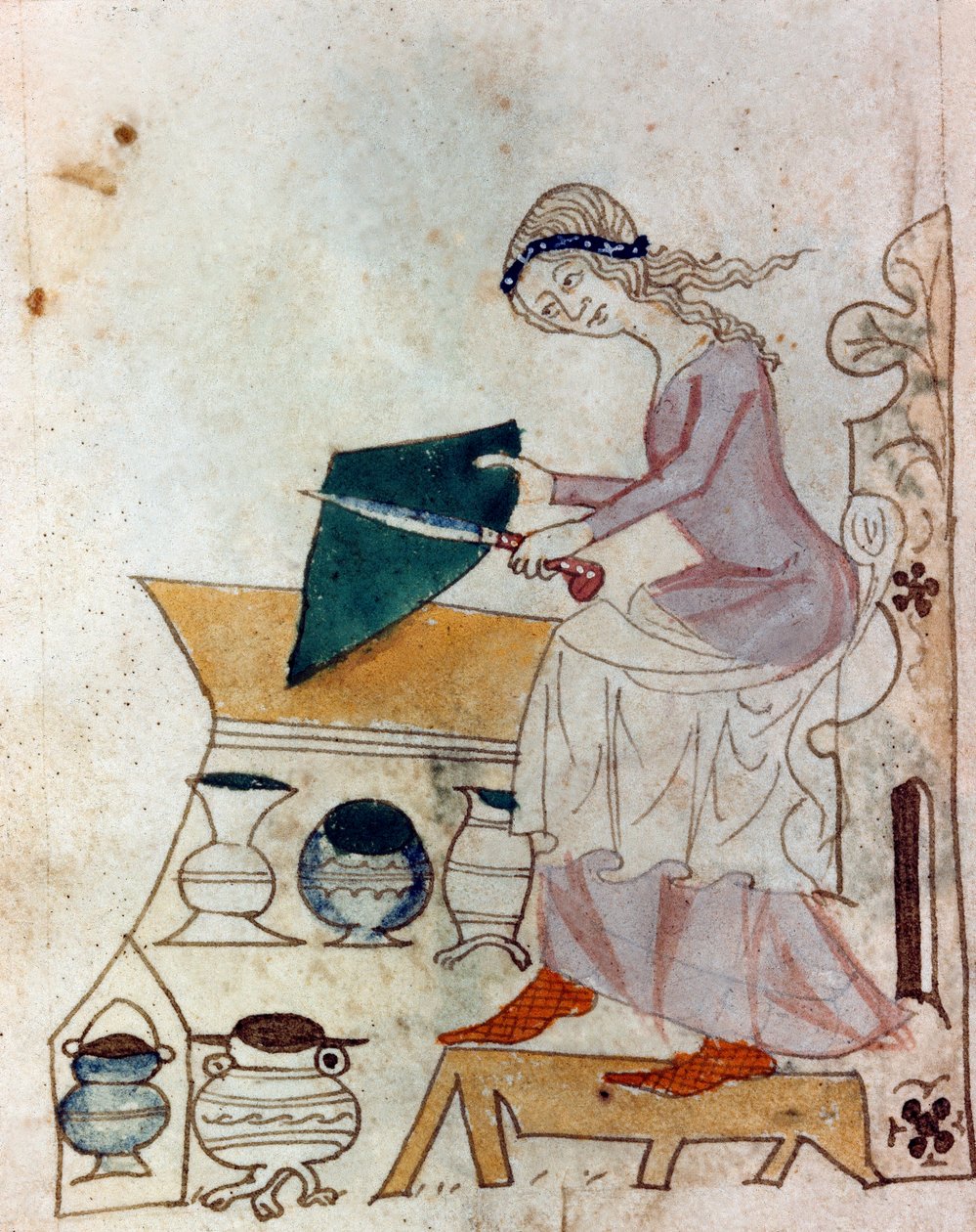 Mladá žena brousící nůž. Miniatura převzatá z provensálského rukopisu typu „“Dis des philosophes““ (MS Palat. 586) Biblioteca Nazionale Florence ze 14. století od Unknown artist
