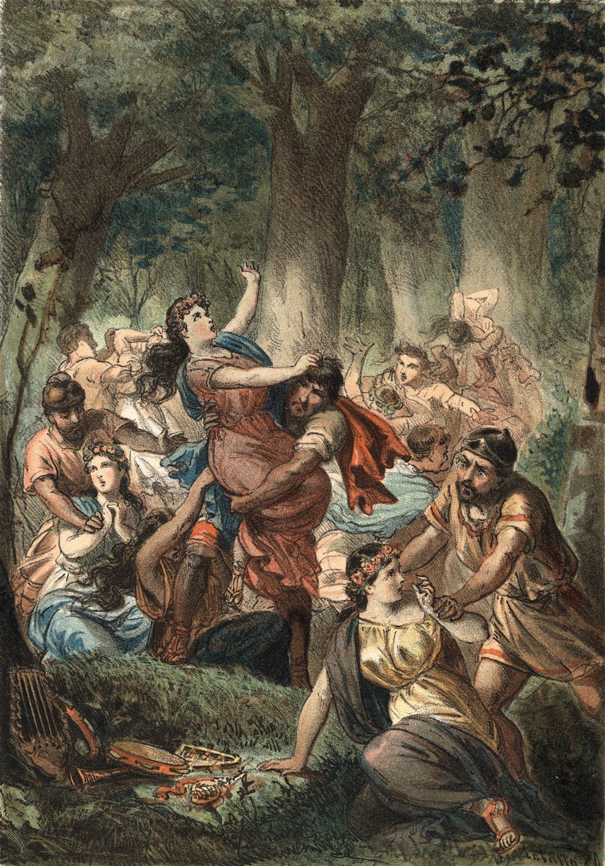 Únos Sabinů Římany. Rytina 1881.v „“The Cult of Beauty““ od Juana Justa Hugueta, editor Molinas Hermanos od Unknown artist