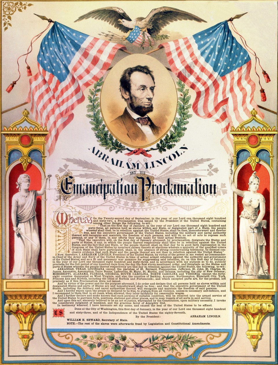 Abraham Lincoln a jeho vyhlášení emancipace otroků (vlajky a orel). 22/09/1862. od Unknown artist