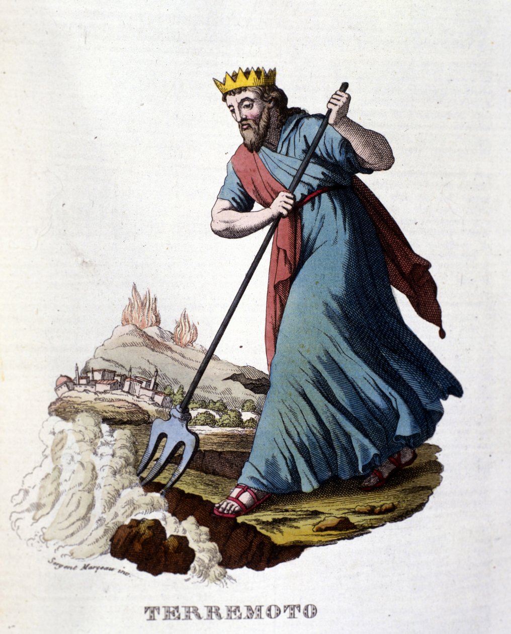 Podle řecké mytologie způsobuje zemětřesení Neptun, který otřásá zemí svým trojzubcem. Rytina 19. století. od Unknown artist