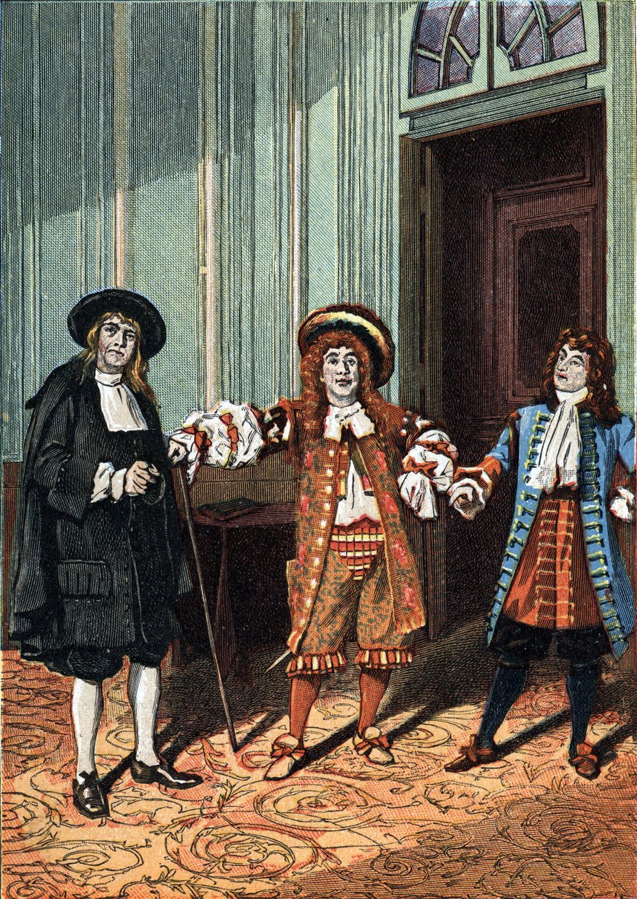 Druhé dějství komediálního baletu „Le Bourgeois Gentilhomme“ o pěti jednáních v próze od Moliera. Mistr filozof (pan Lenoir), mistr tance (pan Truffier), pan Jourdain (pan Coquelin mladší). Kolem roku 1890. od Unknown artist
