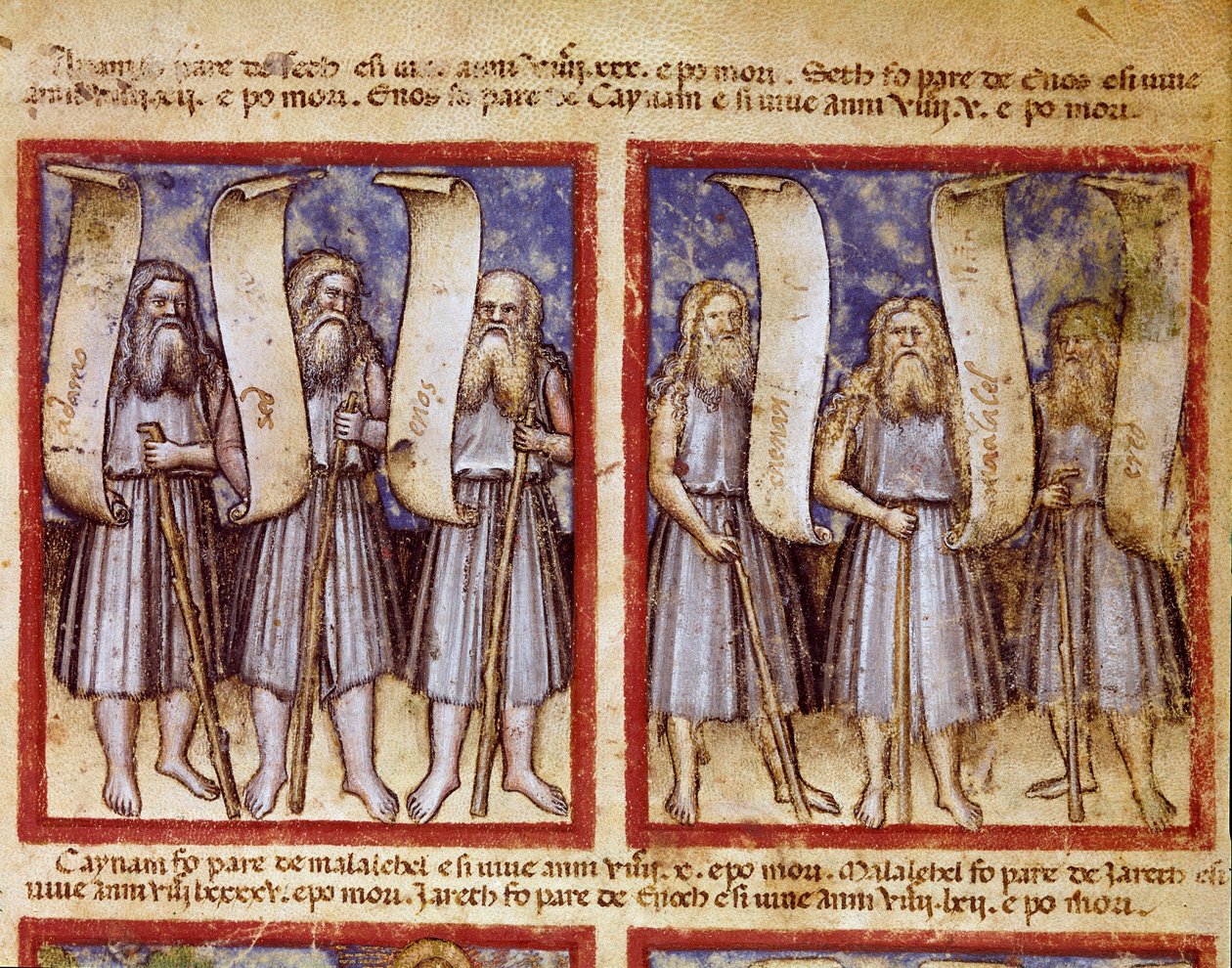 Po Adamově genealogii následují Seth, Enoch (Enoch nebo Enosh), Kenan, Mahalalel (Mahalalel) a Jared (nebo Jared), velcí patriarchové Miniaturní Bible. Academy of Concord od Unknown artist