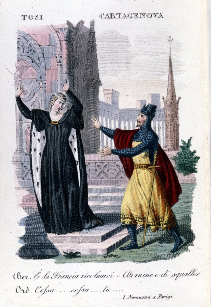 Adelaide Tosi a Orazio Cartagenova ve filmu „Normané v Paříži“ od Saveria Mercadanteho. Italský skladatel (1795 až 1870). od Unknown artist