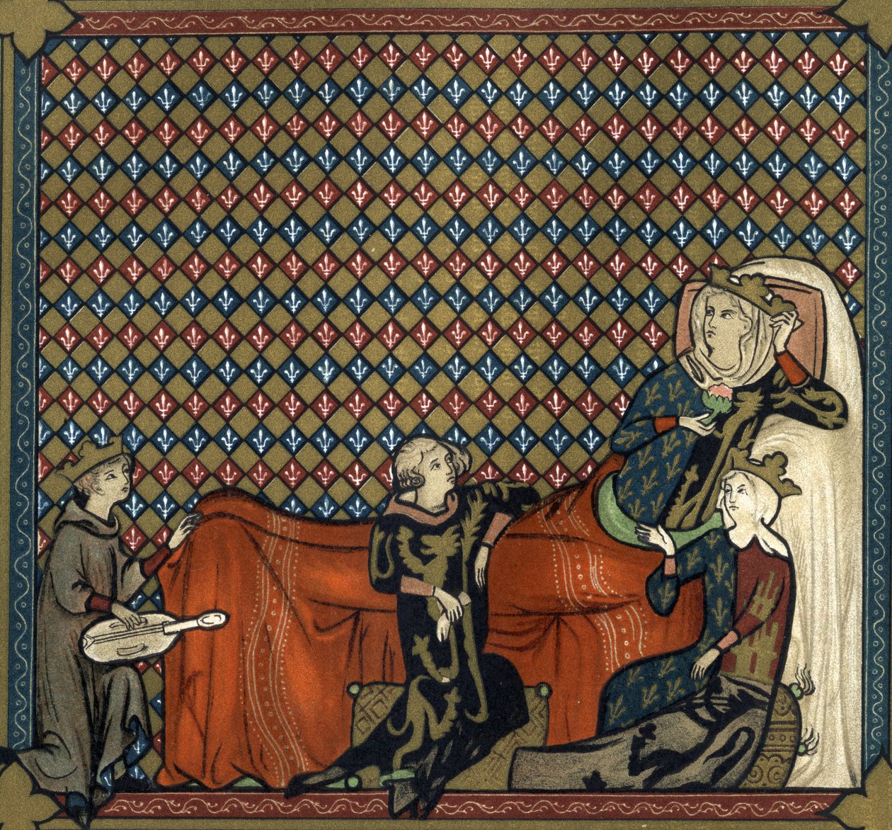 Adenet le Roi (cca 1240 – cca 1300), básník a menestrel, recituje Kleomadesův román před Mathildou de Brabant (1224-1288) a princeznou Blanche Kastilskou (dcerou Saint Louis). Faksimile v chromolitografii 19. století po miniaturě od Unknown artist