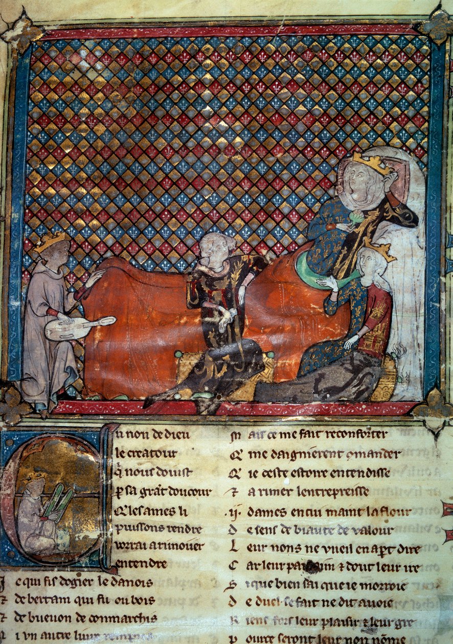 Adenet le Roi (cca 1240 – cca 1300), básník a menestrel, recituje Kleomadesův román před Mathildou de Brabant (1224-1288) a princeznou Blanche Kastilskou (dcerou Saint Louis). Miniatura ze sbírky francouzské poezie od Unknown artist