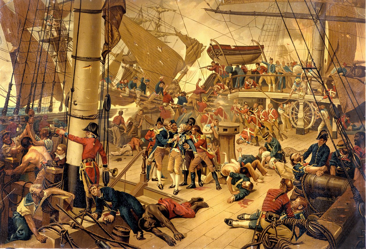 Admirál Nelson těžce zranil na Vítězném mostě během bitvy u Trafalgaru dne 21.10.1805. od Unknown artist