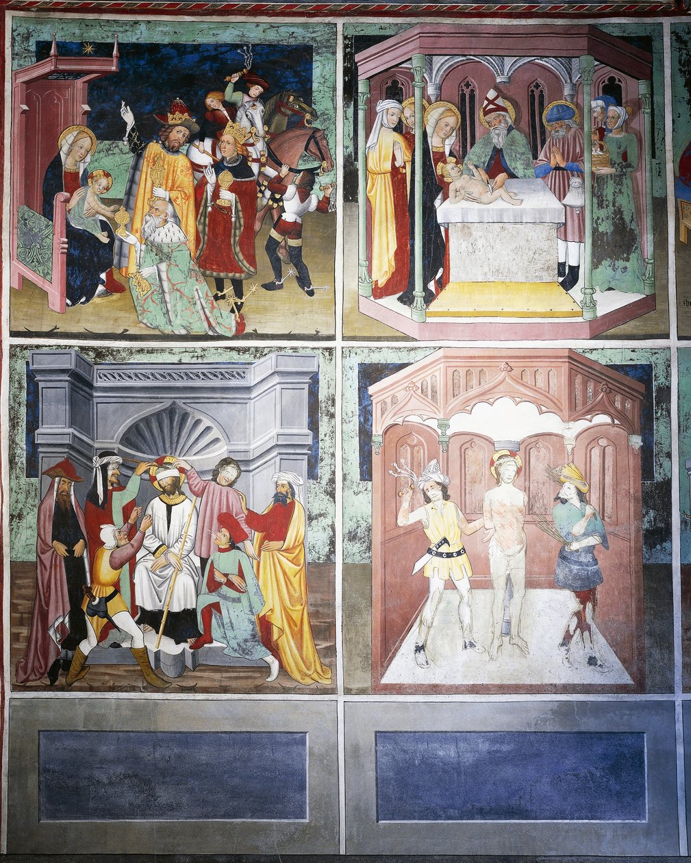Klanění tří králů, obřízka, posměch, bičování, život Kristův (15. století), fresky, kaple sv. Šebestiána, Villard-de-Lans, Rhone-Alpes, Francie. od Unknown artist