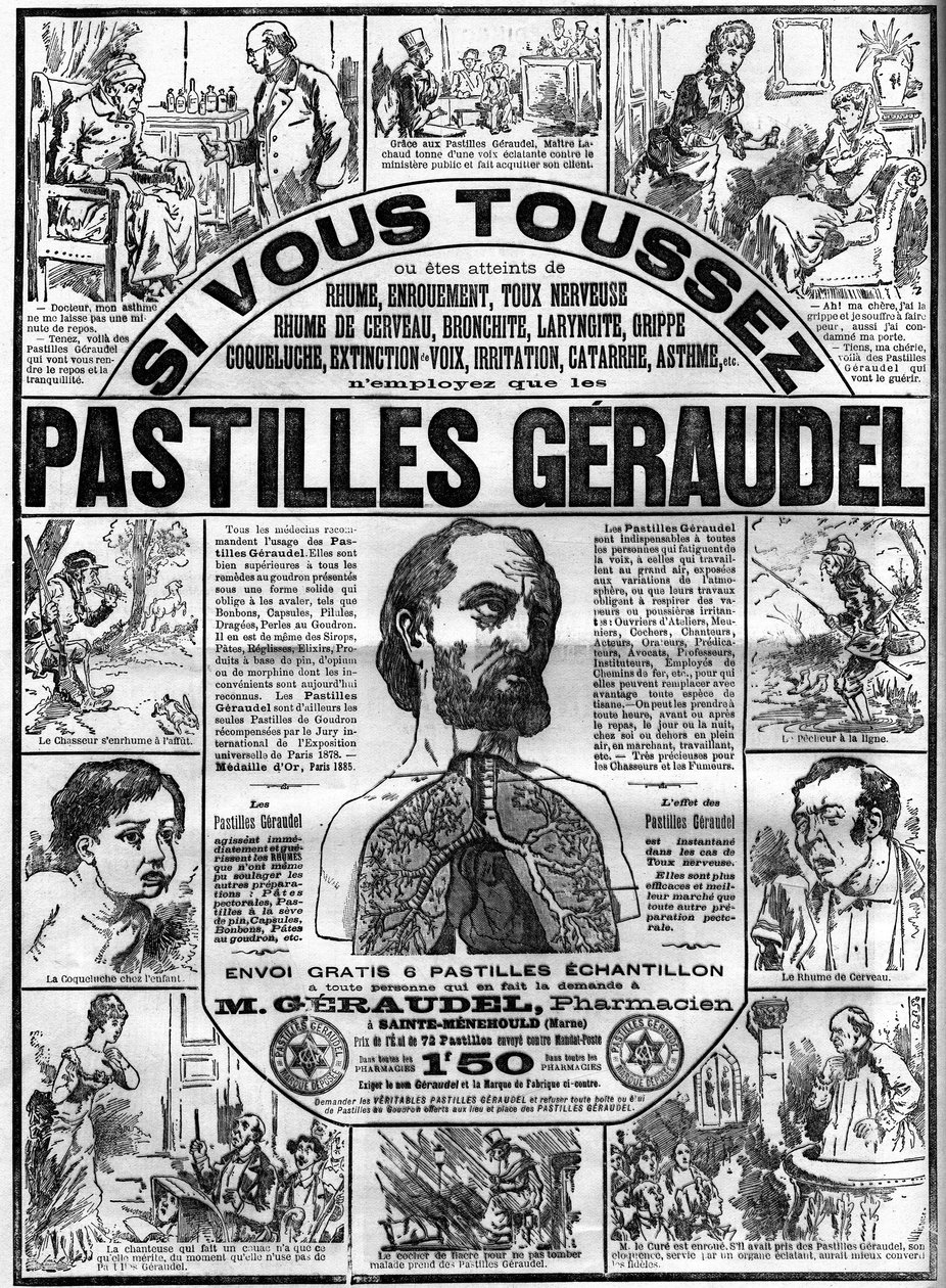 Reklama na tablety Geraudel od lékárníka Arthura Geraudela (1841-1906) a Sainte-Menehould (Sainte Menehould) proti kašli. Gravírování v „“Le monde llustrious““ od Unknown artist