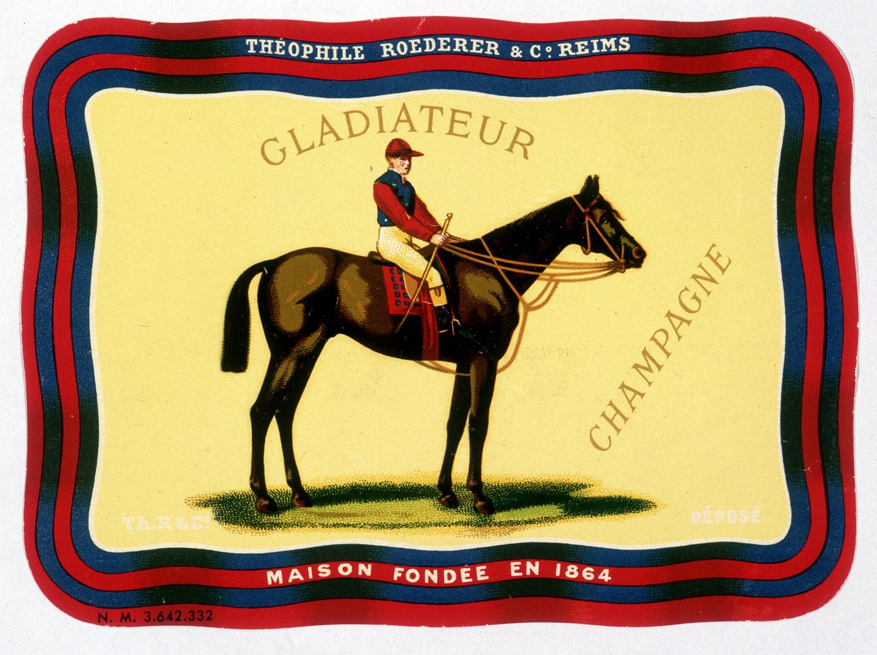 Reklamní štítek pro „“ Gladiateur Champagne – Théophile Roederer & C¡. Remeš - Dům založený v roce 1864””. Chromolitografie n.d. od Unknown artist