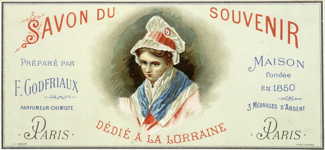 Reklamní etiketa „Soap du souvenir, připravená F. Godfriauxem - Maison založený v roce 1850“. Chromolitografie 19. století. od Unknown artist