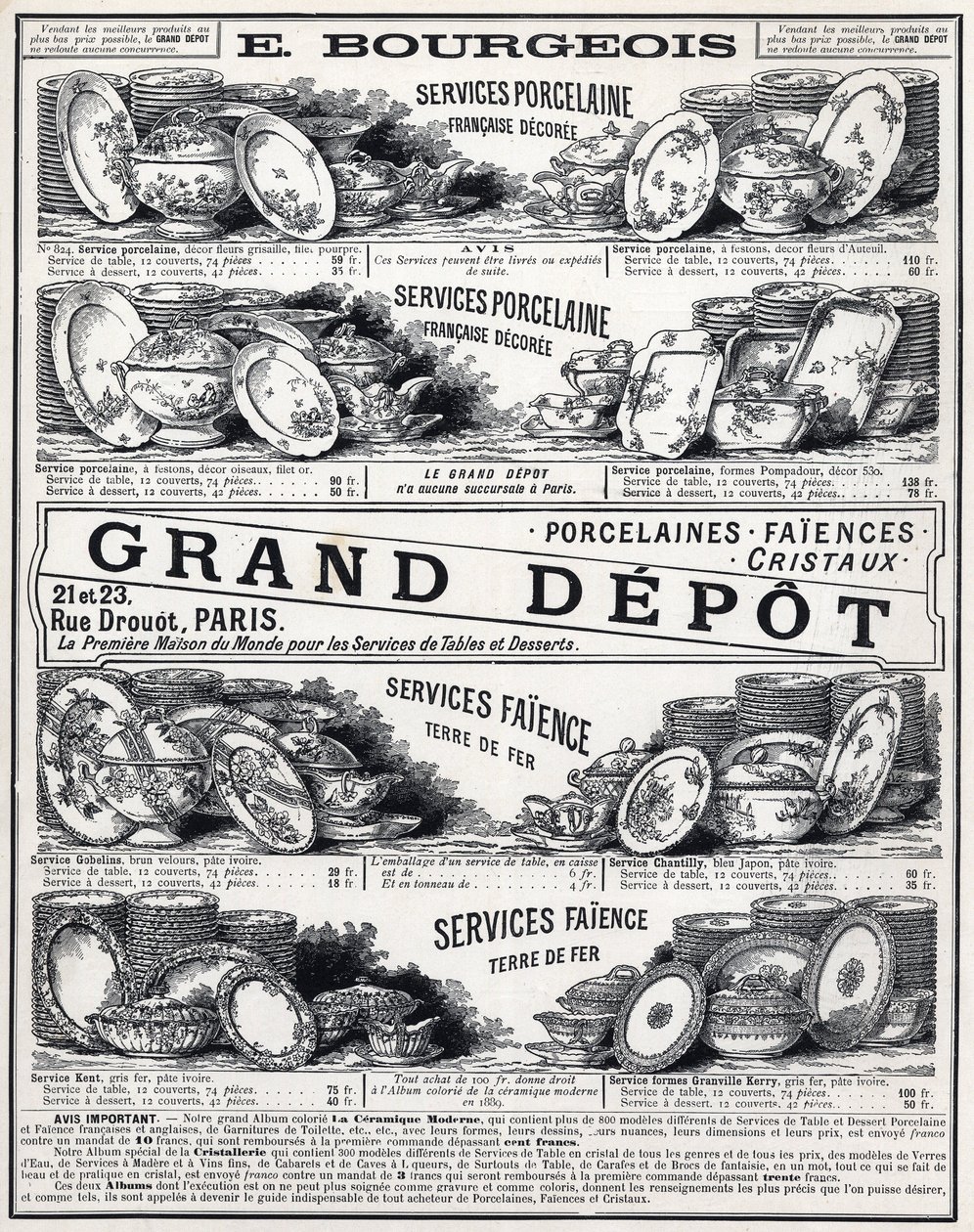 Reklama z roku 1889 na „La Ceramic Moderne By Le Grand Depot De Porcelaines, Faiences Et Verreries Bourgeois v Paříži““ od Unknown artist