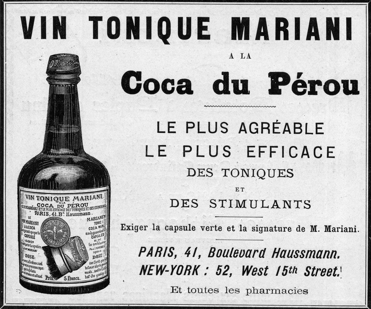 Reklama z roku 1889 na „“ vinný tonik Mariani a la coca du perou“ (kokain) od Unknown artist