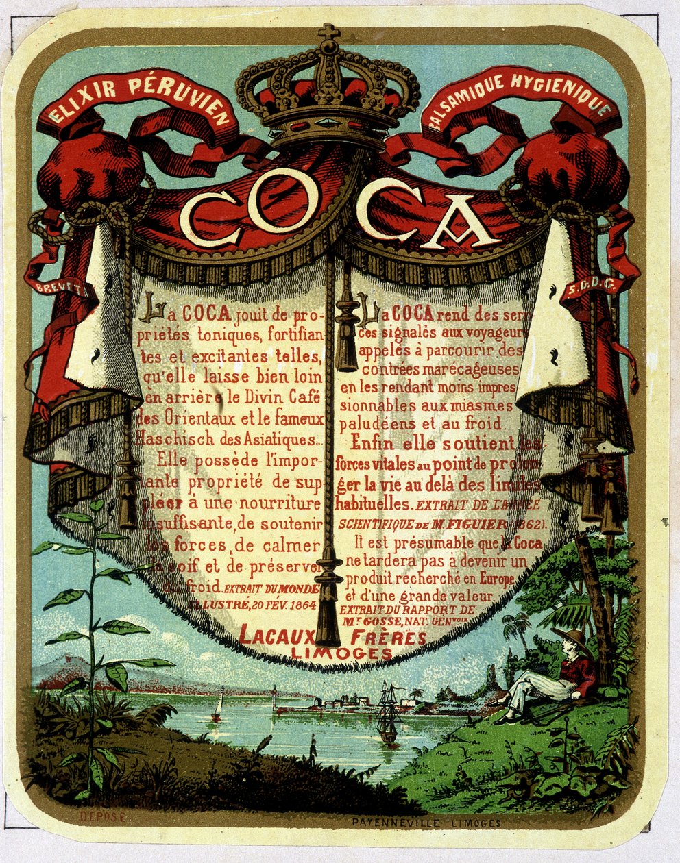 Reklama na Coca (produkt extrahovaný z kokainu): „“The Peruvian Balsamic Hygienic Exilir COCA“, chromolitografie 19. století. od Unknown artist